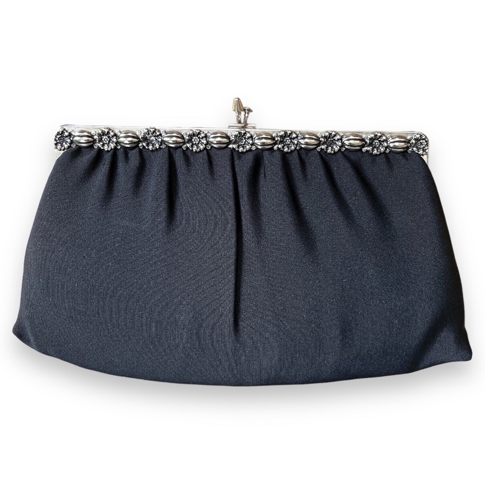 Vintage Ande Black Clutch Evening Bag Kiss Closure Silver Tone Frame and Strap